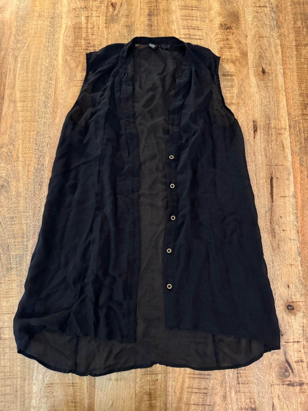 Eileen Fisher 100% Silk Sleeveless Black Button Long sheer tank top blouse EUC
